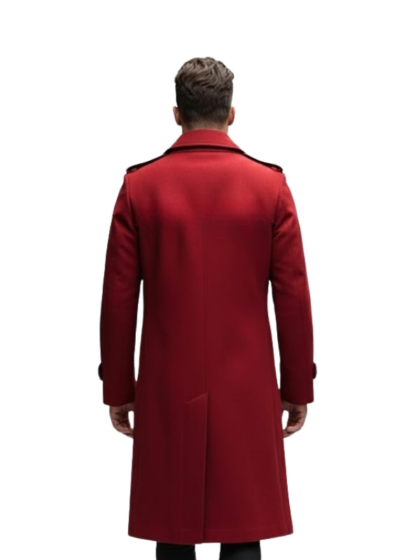 Red coat worn by a person on a white background