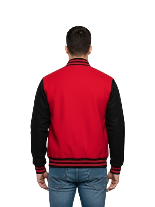 Red and black varsity jacket worn by a person on a white background