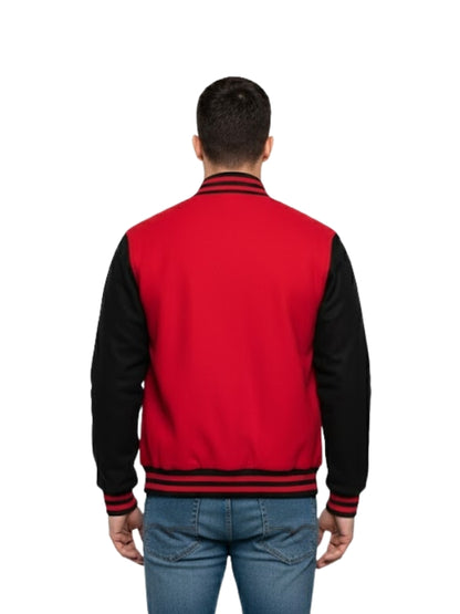 Red and black varsity jacket worn by a person on a white background
