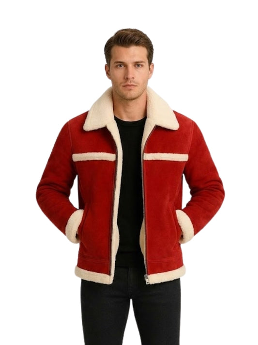 Man wearing a red jacket with white trim on a white background