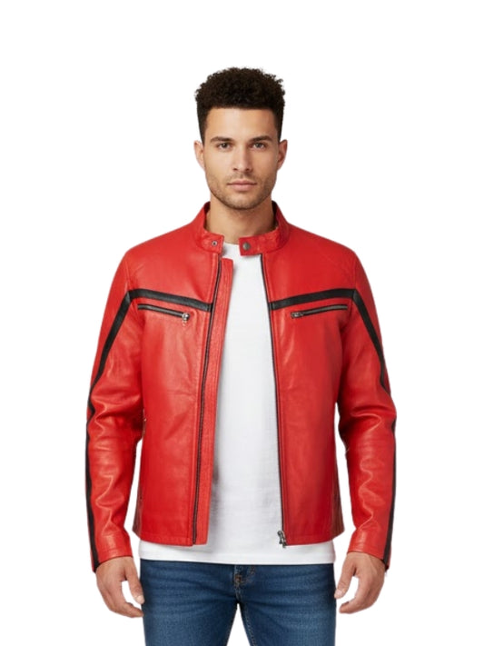 Man wearing a red leather jacket with black accents on a white background
