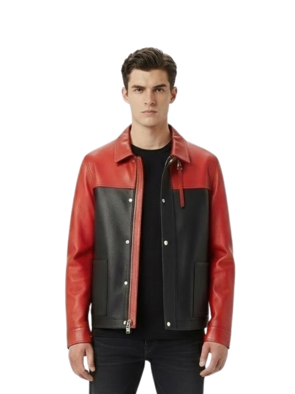 Man wearing a red and black leather jacket on a white background