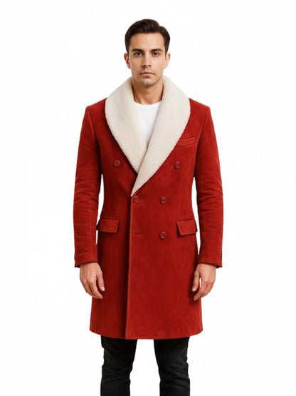 Man wearing a red coat with a white collar on a white background