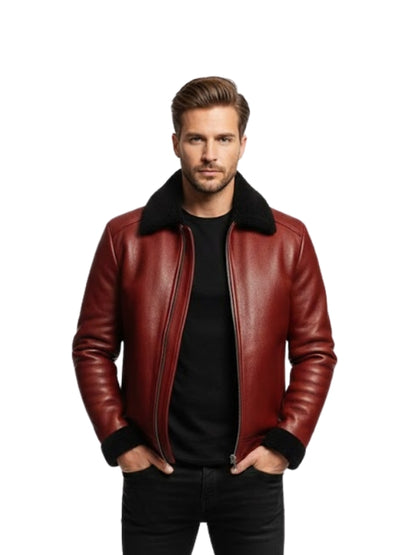 Men’s Red Cowhide Leather Bomber Aviator Jacket