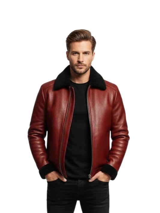 Men’s Red Cowhide Leather Bomber Aviator Jacket