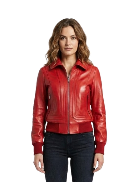 Woman wearing a red leather jacket on a white background
