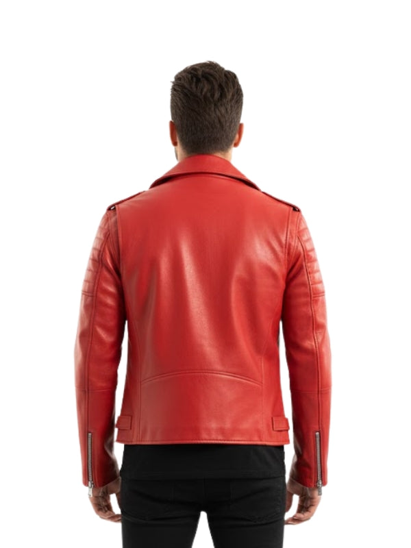 Red leather jacket worn by a person on a white background