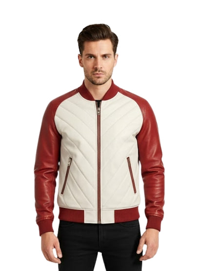 Man wearing a red and white quilted jacket on a white background