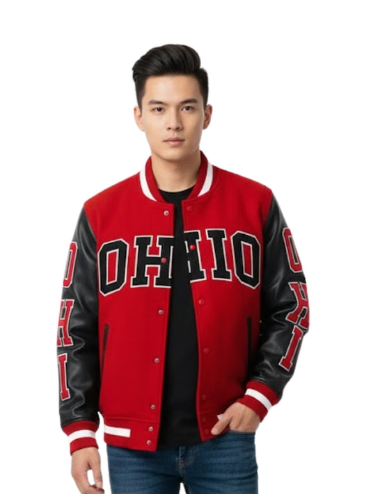 Person wearing a red and black 'OHIO' letterman jacket on a white background