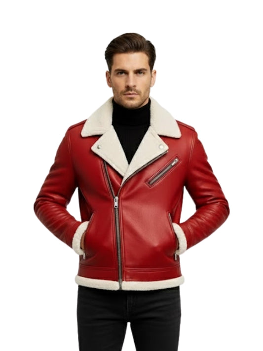 Men's Red Shearling Collar Leather Biker Jacket