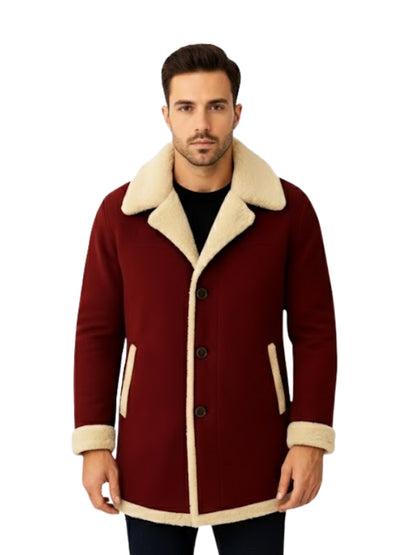 Man wearing a red coat with beige fur lining on a white background