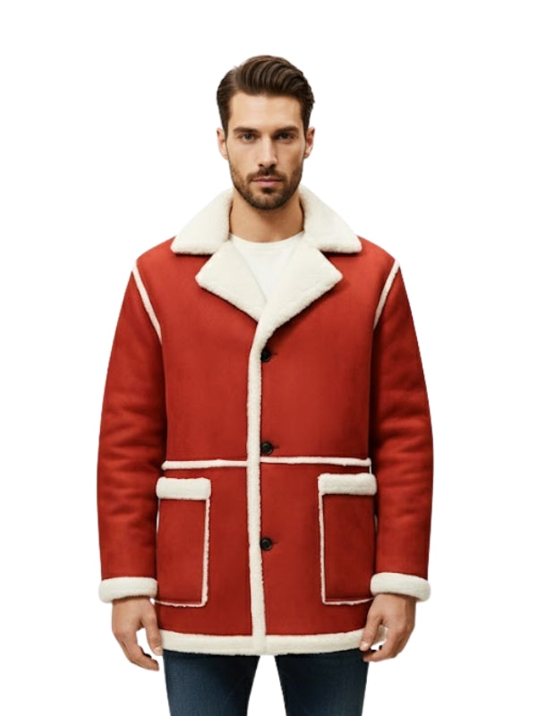 Man wearing a red shearling coat with white trim on a white background