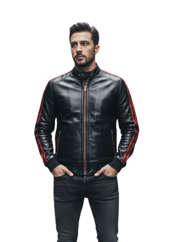 Man wearing a black leather jacket with red stripes on a white background