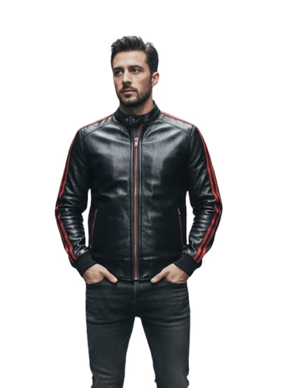 Man wearing a black leather jacket with red stripes on a white background