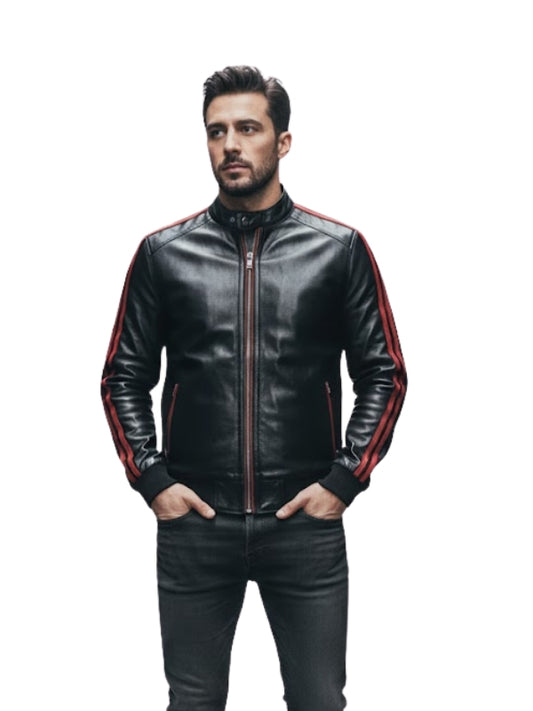 Man wearing a black leather jacket with red stripes on a white background
