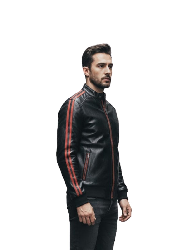 Men's Red Striped Slim Fit Black Café Racer Moto Bomber Motorcycle Jacket