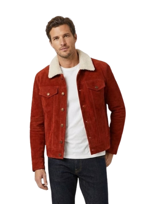 Man wearing a red jacket with a white collar on a white background