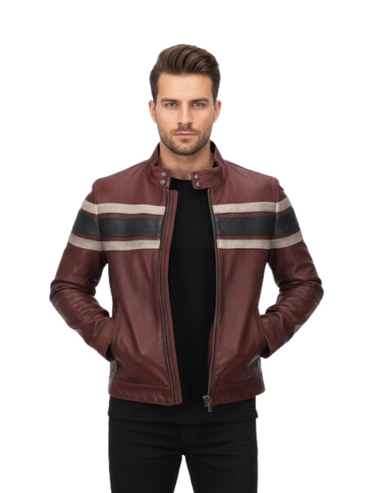 Man wearing a brown leather jacket with striped accents on a white background