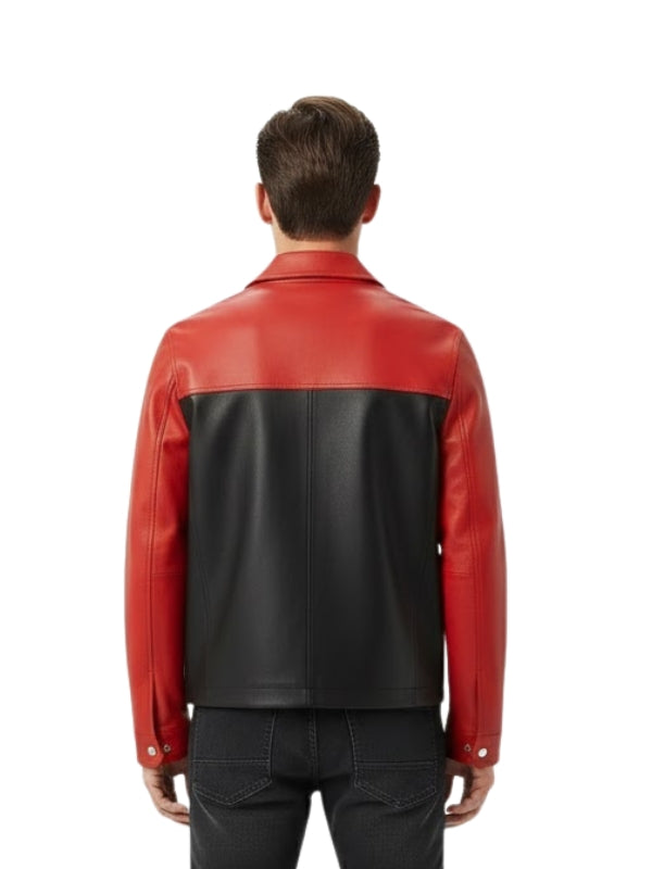 Red and black leather jacket worn by a person on a white background