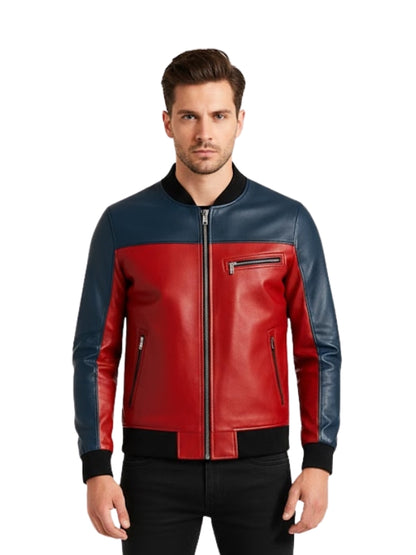 Man wearing a red and blue leather jacket on a white background