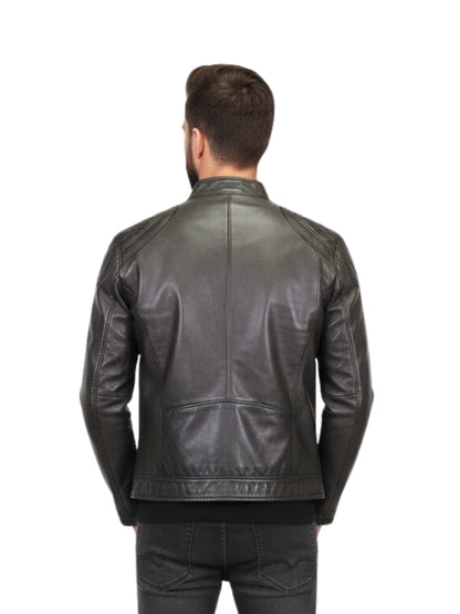 Man wearing a black leather jacket on a white background