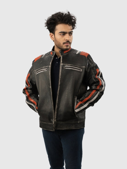 Man wearing a black leather jacket with red accents on a white background