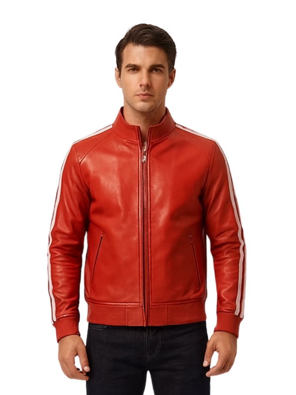 Man wearing a red leather jacket with white stripes on a white background