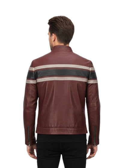 Brown leather jacket with striped panels on a white background