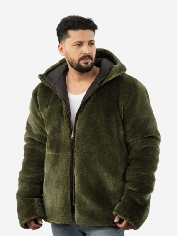 Man wearing a green fleece jacket on a white background