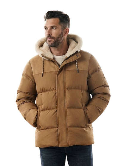 Man wearing a brown puffer jacket with a white hood on a white background