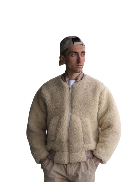 Men's Sheep's Wool Beige Bomber Jacket