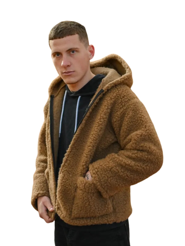 Man wearing a brown sherpa jacket on a white background