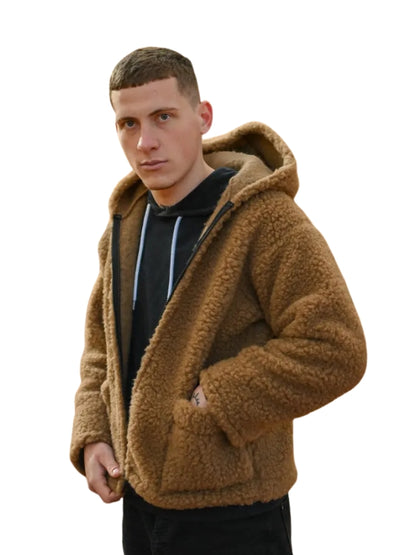 Man wearing a brown sherpa jacket on a white background