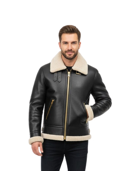 Man wearing a black leather jacket with beige shearling collar and cuffs on a white background