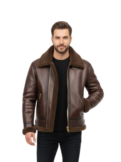 Man wearing a brown leather jacket with a white background