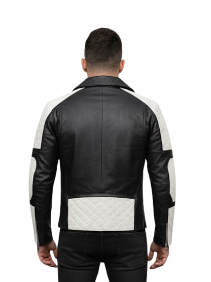 Black and white leather jacket worn by a person on a white background