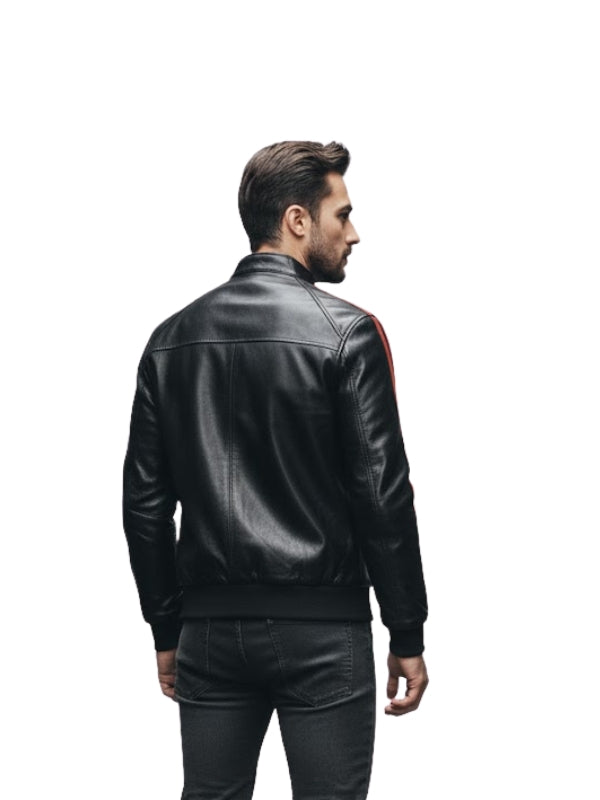 Men's Striped Slim Fit Café Racer Motorcycle Black Bomber Jacket