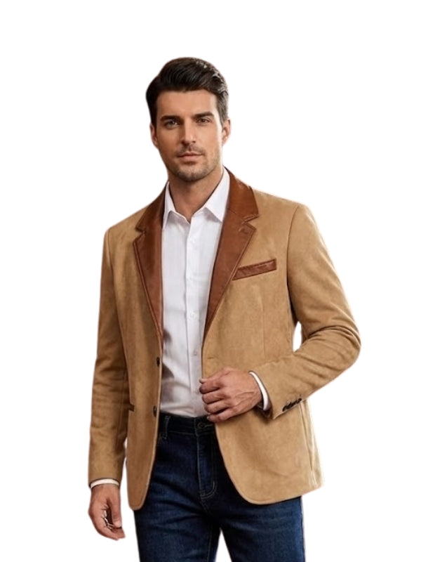 Man wearing a tan blazer with brown lapels on a white background