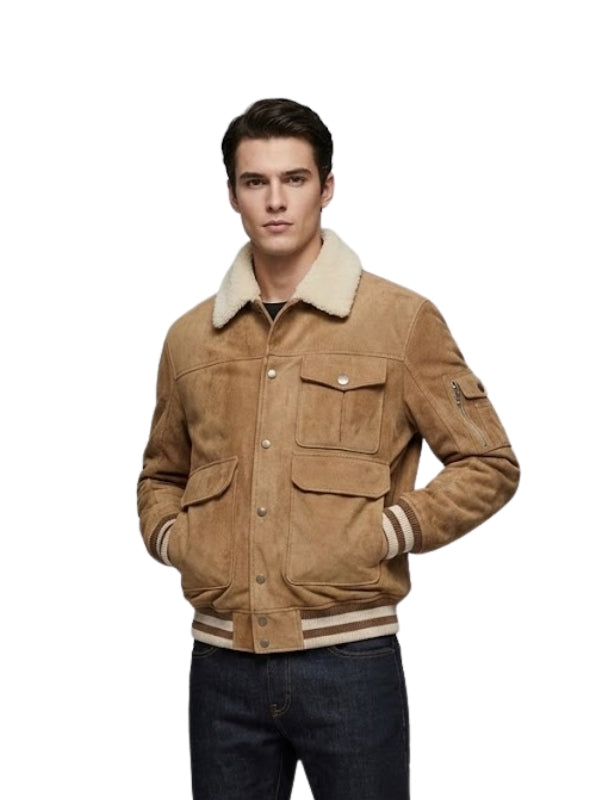 Men's Tan Suede With Sherpa Collar Bomber Jacket