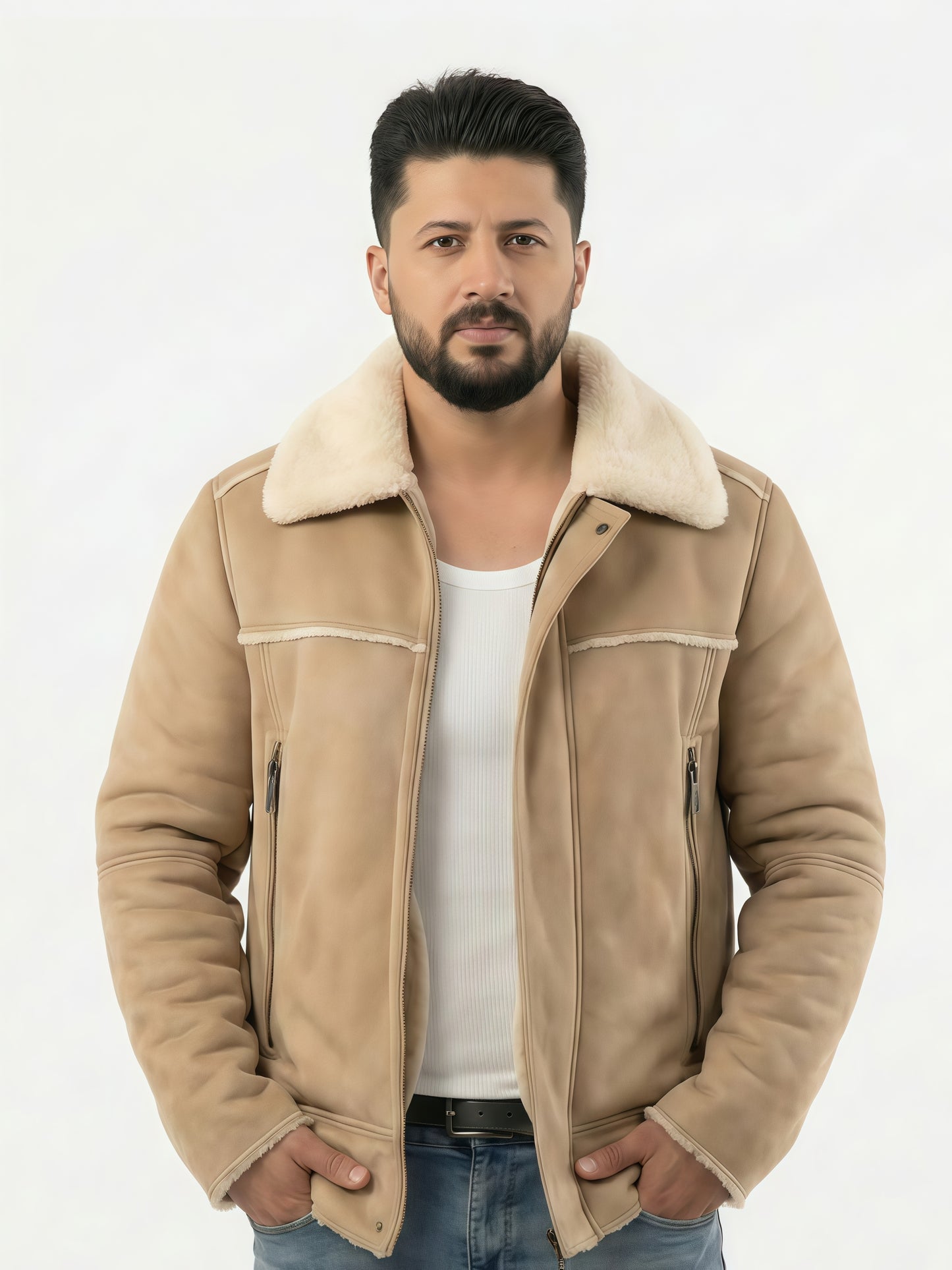 Man wearing a beige shearling jacket on a white background