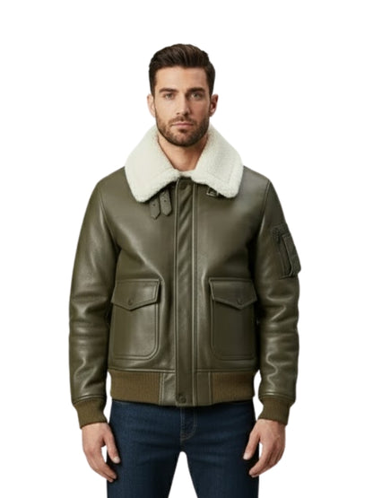 Man wearing a green leather jacket with a white fur collar on a white background