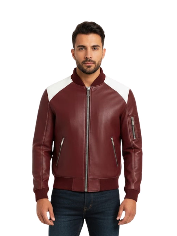 Man wearing a maroon leather jacket with white accents on a white background