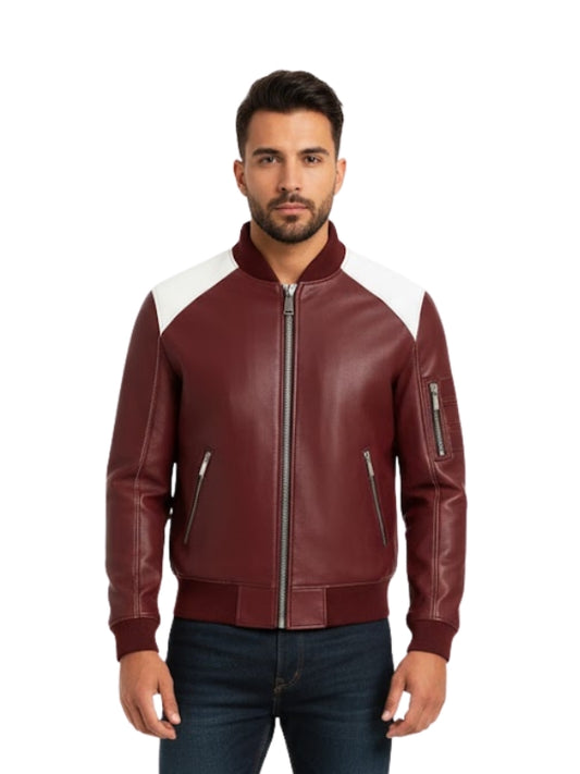 Man wearing a maroon leather jacket with white accents on a white background