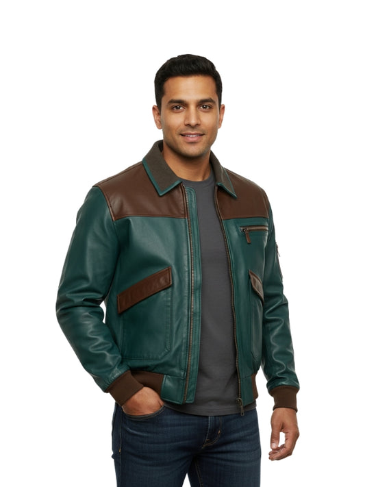 Man wearing a green and brown leather jacket on a white background