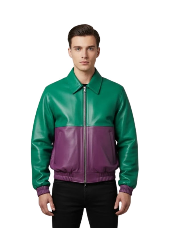 Man wearing a green and purple two-tone leather jacket on a white background