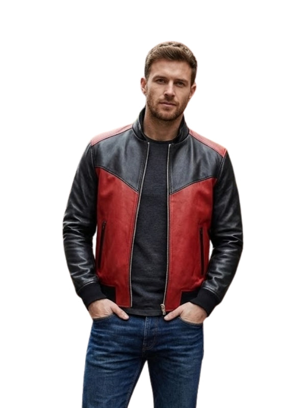 Man wearing a red and black leather jacket on a white background