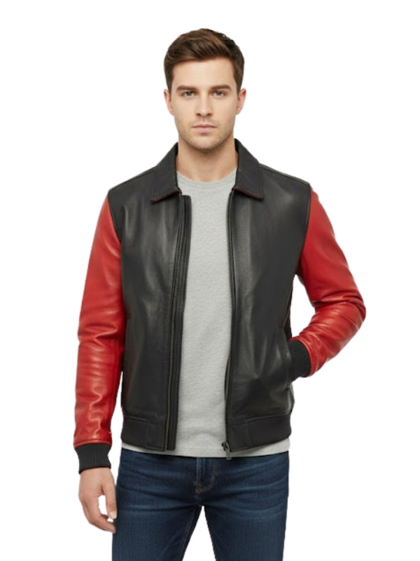 Man wearing a black and red leather jacket on a white background