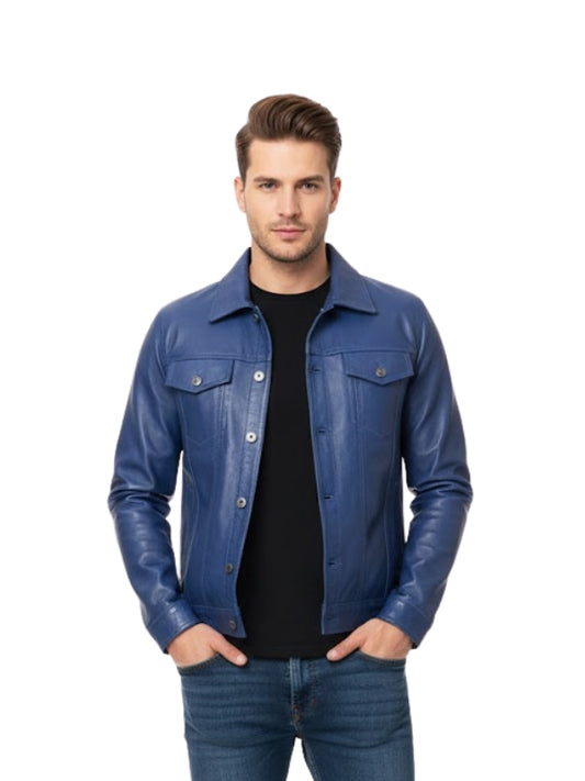 Man wearing a blue leather jacket on a white background