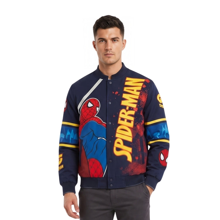 Man wearing a Spider-Man themed jacket on a white background