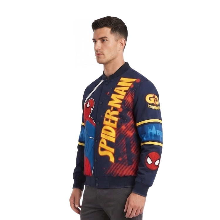 Man wearing a Spider-Man themed jacket on a white background